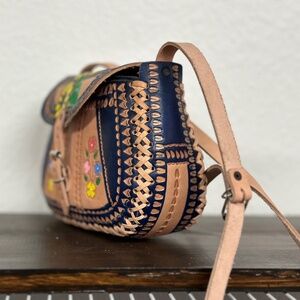 Mexican Leather Stitched Floral Embossed Purse Dark Blue Purse